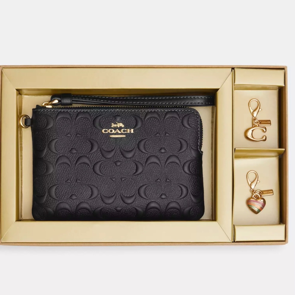 COACH Boxed Corner Zip Wristlet In Signature Leather with Charms #CF358